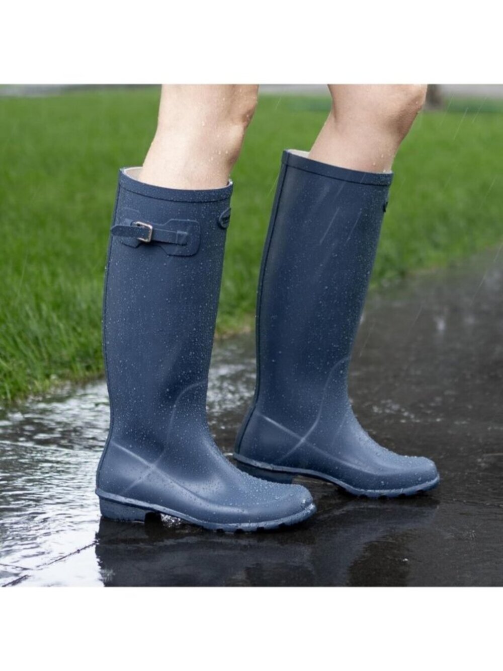 Women's Blue Rubber Boots Tall Wide Calf Rain Boots Wellington Boots Waterproof
